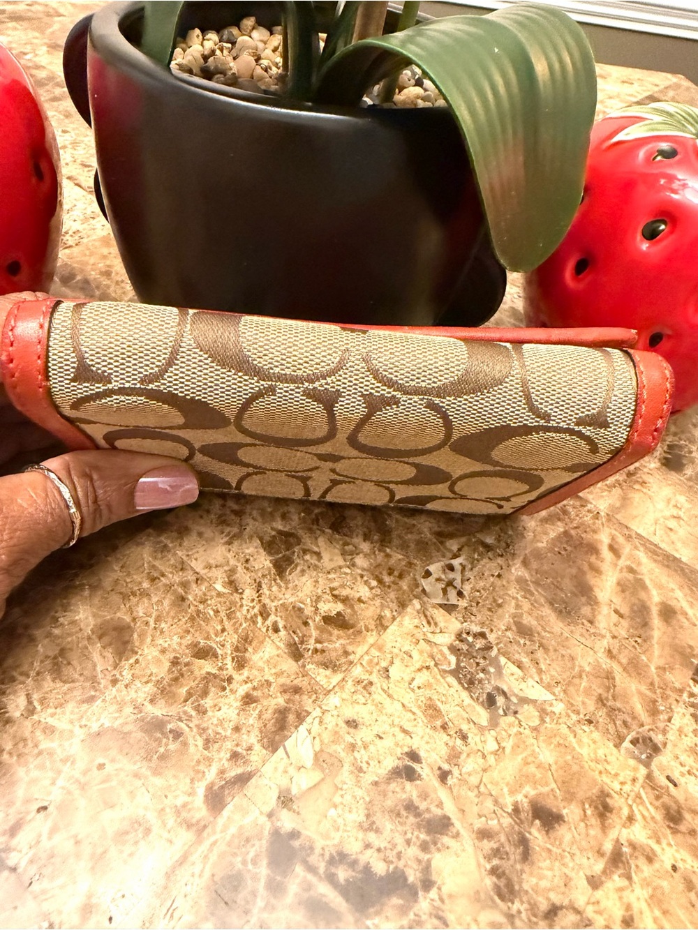 Coach Signature Canvas Bifold Wallet in Brown and Orange/Red - Picture 5 of 17